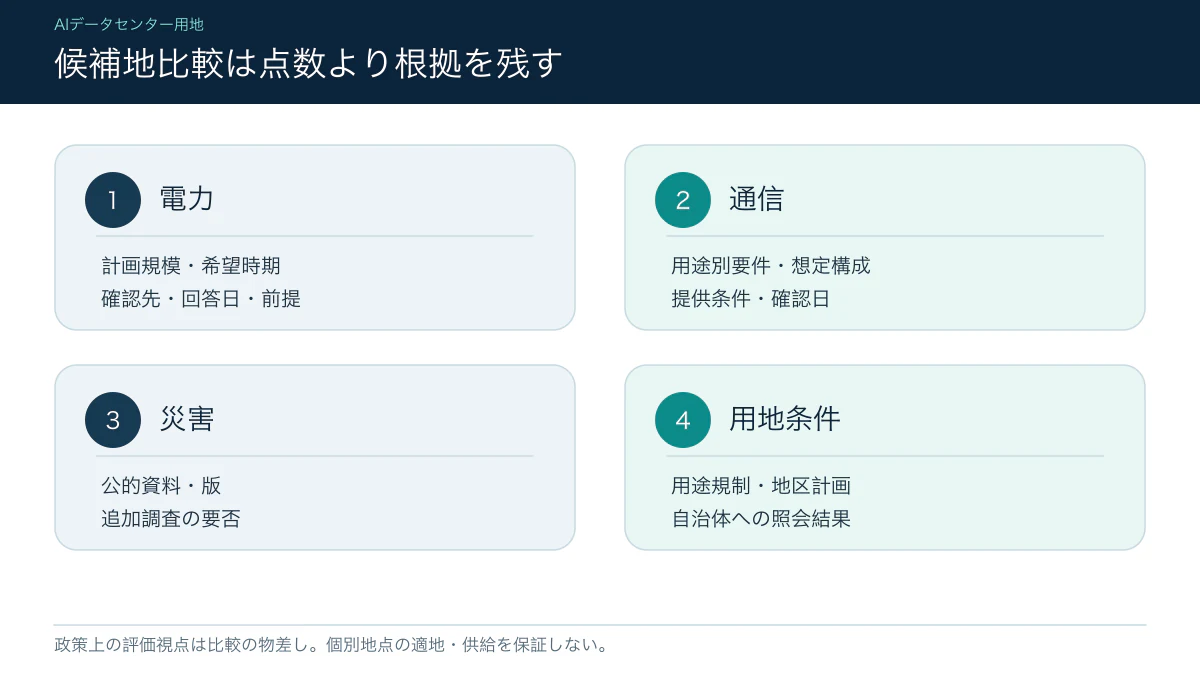 AIデータセンター候補地の電力・通信・災害・用地条件の比較図