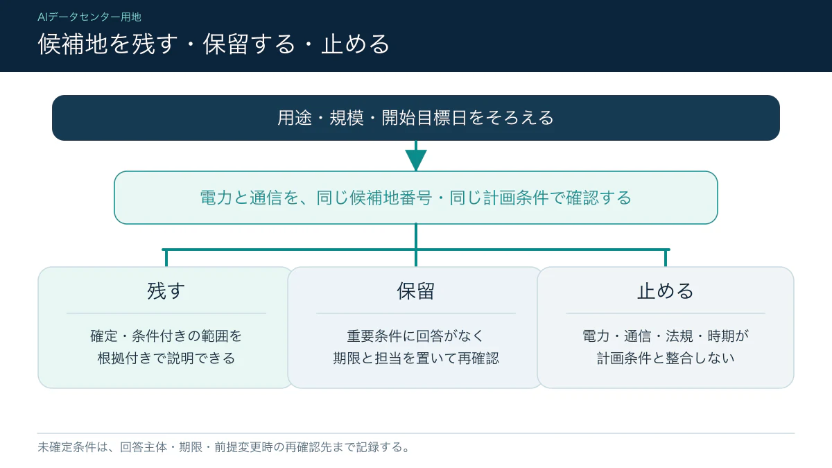 AIデータセンター候補地を残す・保留する・止める判断フロー