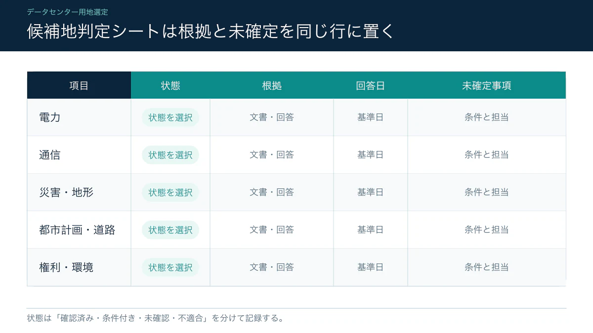電力・通信・災害・法務の根拠をまとめる候補地判定シート